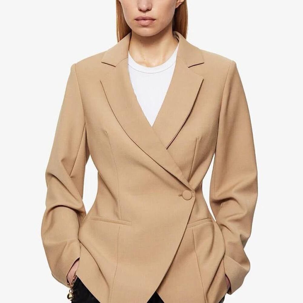 ANINE BING Women's Ade Asymmetric Double-Breasted Tan and Cream Blazer Size XS
